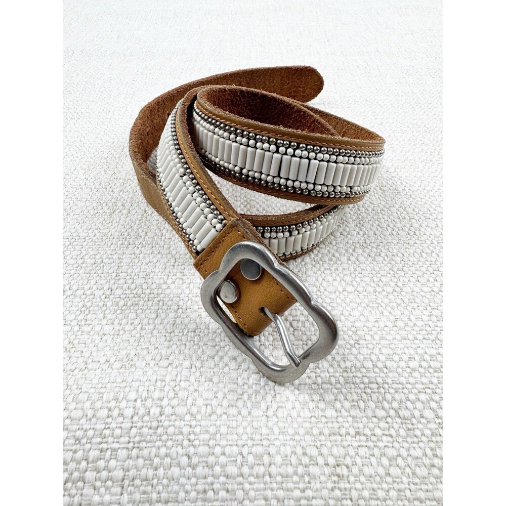 Lucky Brand Women's Brown Leather White Silver Beaded Belt